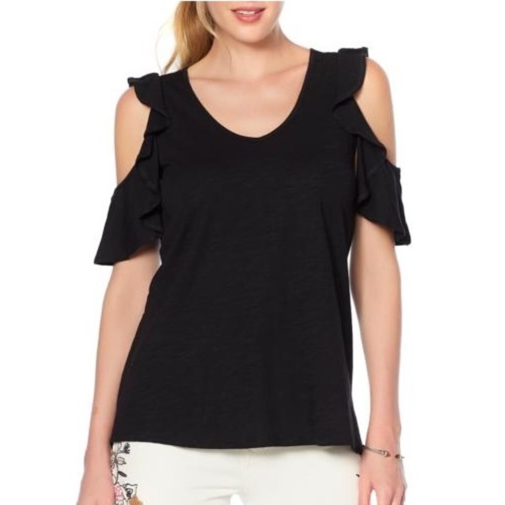 DG2 Diane Gilman Slub Cold Shoulder Ruffle Top